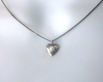 Sterling Heart Pendant with Pearl on 925 Sterling Box Chain