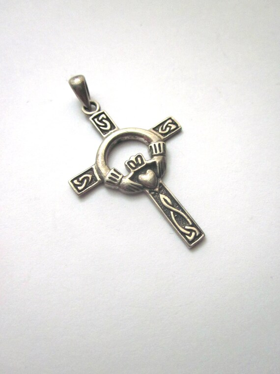 Sterling Celtic Claddagh Cross Pendant 925 Unisex… - image 2