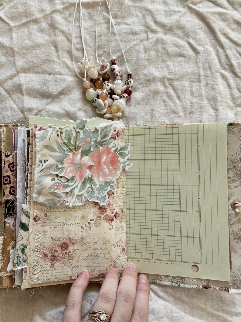 Handmade Mini Fabric Junk Journal – Vintage-inspired, Beaded Spine ...