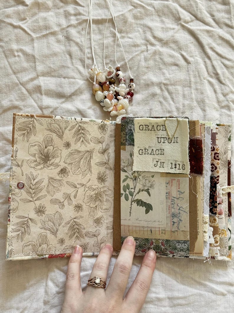 Handmade Mini Fabric Junk Journal – Vintage-inspired, Beaded Spine ...