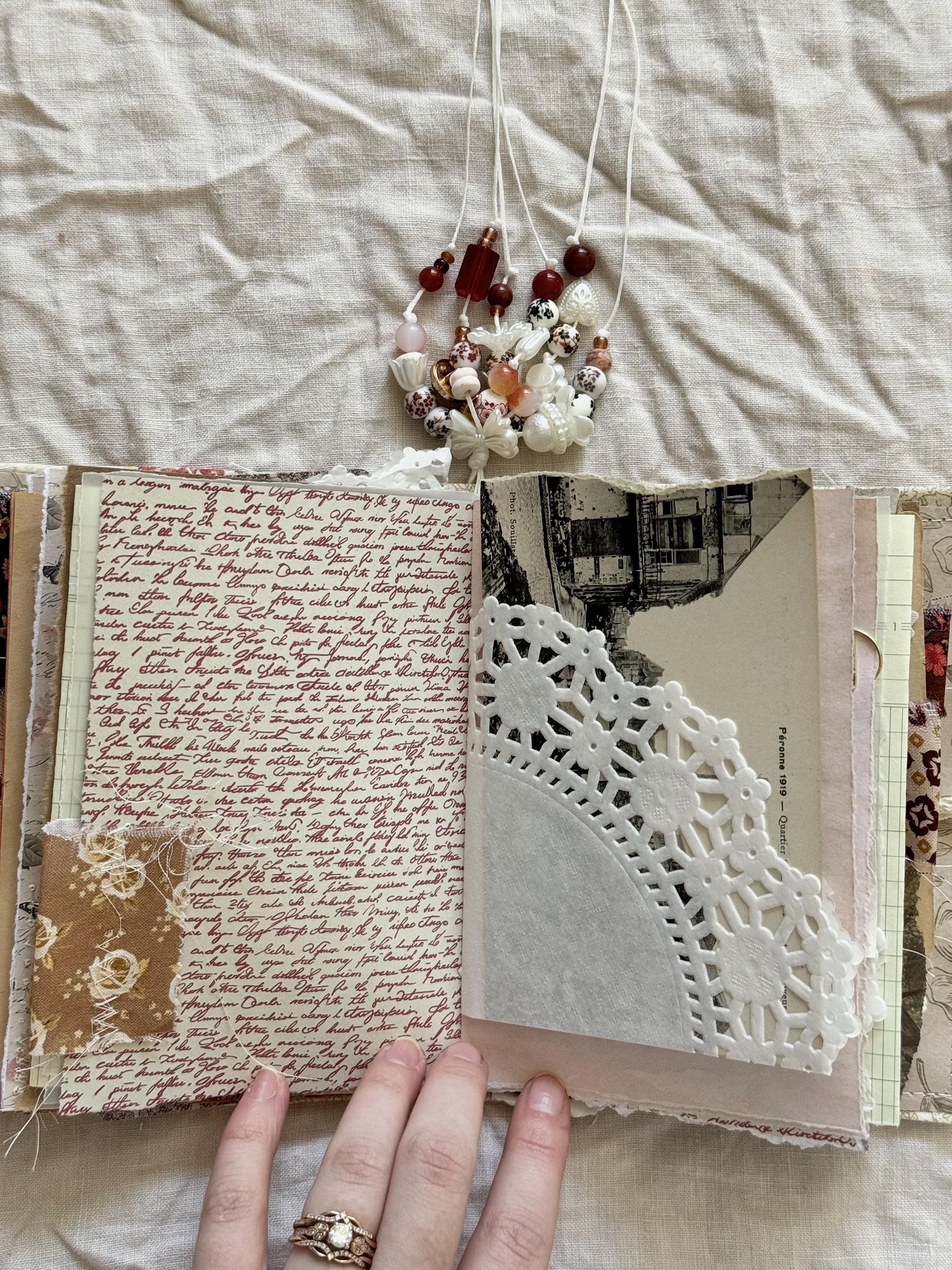 Handmade Mini Fabric Junk Journal – Vintage-inspired, Beaded Spine ...
