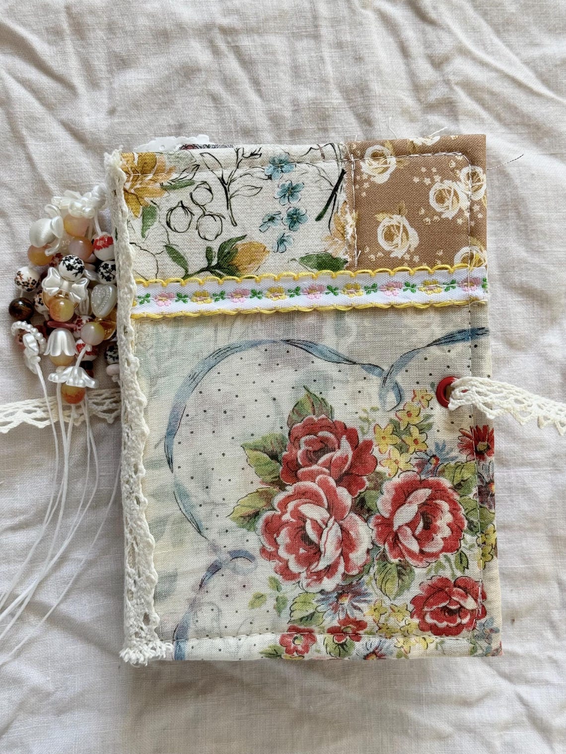 Handmade Mini Fabric Junk Journal – Vintage-inspired, Beaded Spine ...