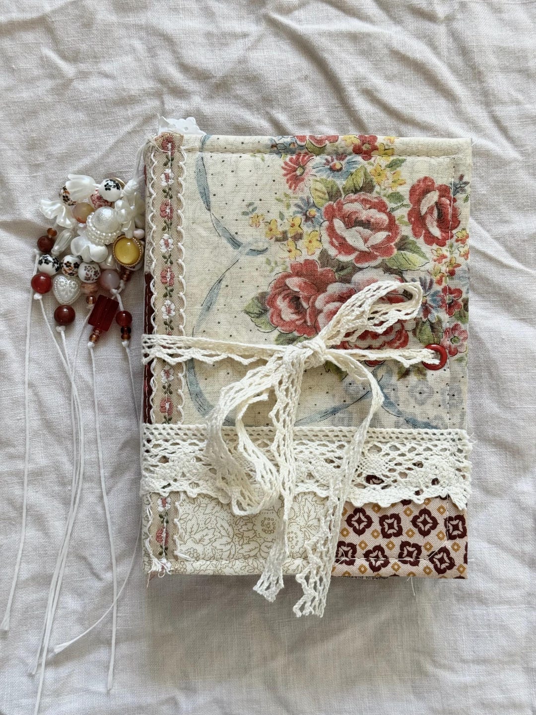 Handmade Mini Fabric Junk Journal – Vintage-inspired, Beaded Spine ...