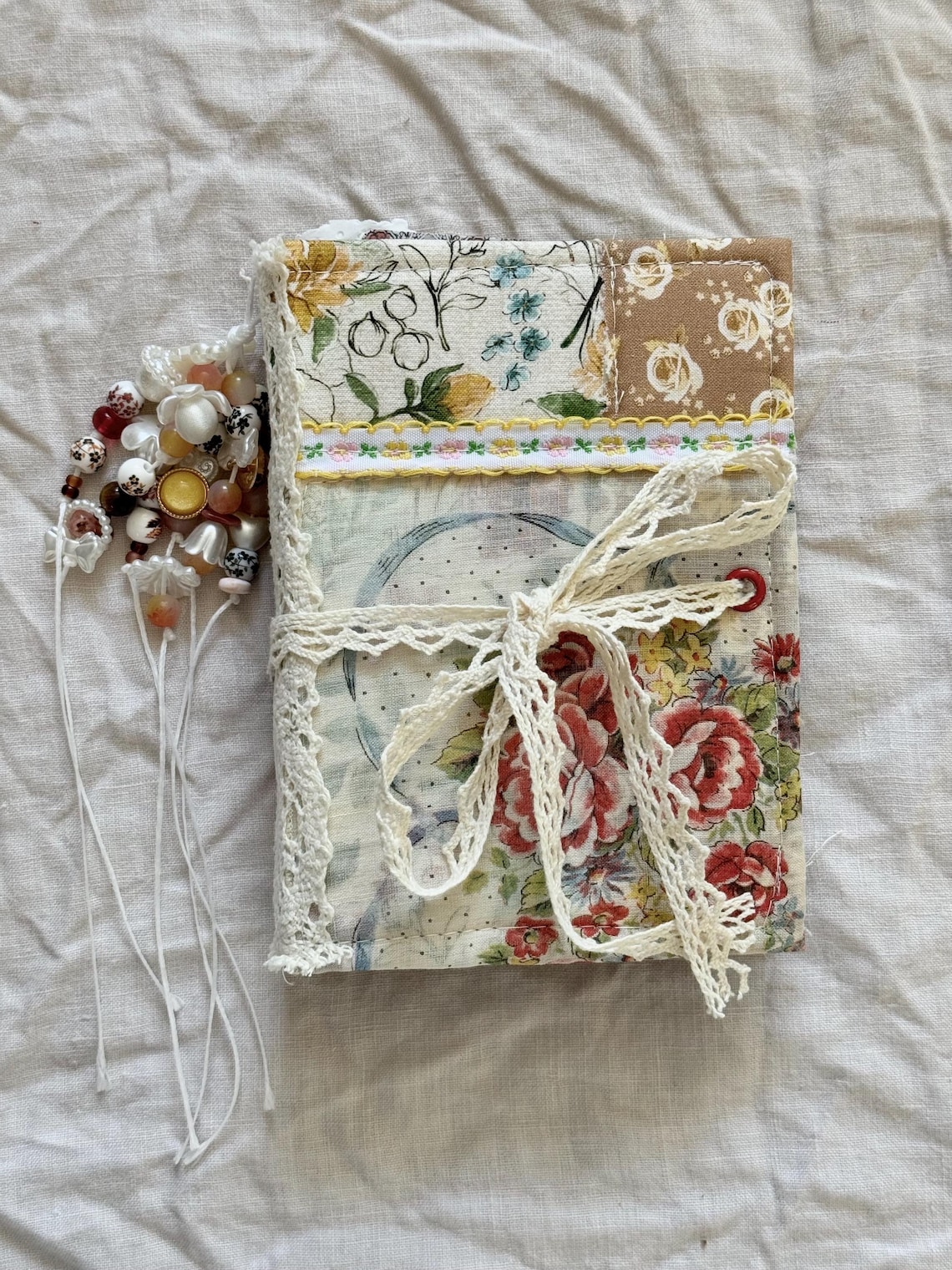 Handmade Mini Fabric Junk Journal – Vintage-inspired, Beaded Spine ...
