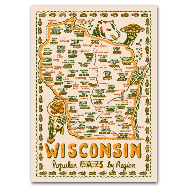 Wisconsin Postcard, 6" x 4.25", Bars of Wisconsin Postcard (Cookie Bars), Wisconsin Map Postcard