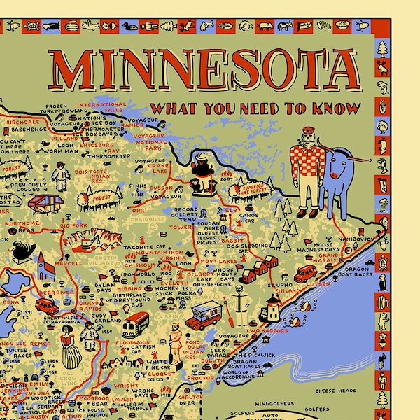 Minnesota Karte Poster, Minnesota: Malerische Reise, Sehenswürdigkeiten am Straßenrand, 19x27"