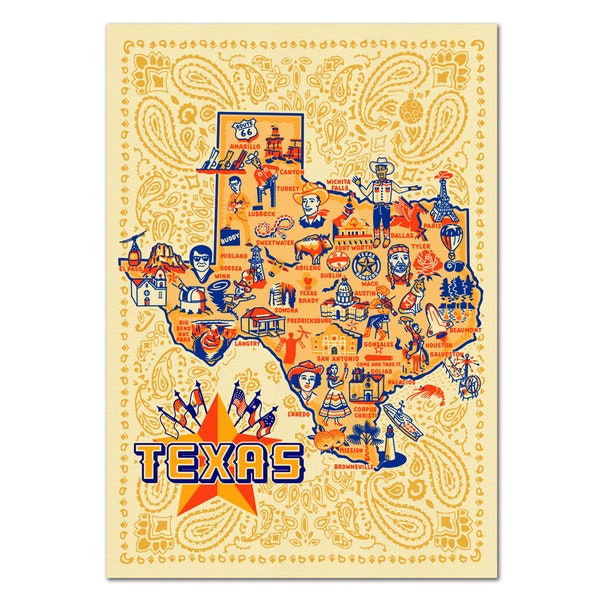 Texas Postcard, 6" x 4.25", Texas Icons Postcard, Vintage-style Texas Map Postcard