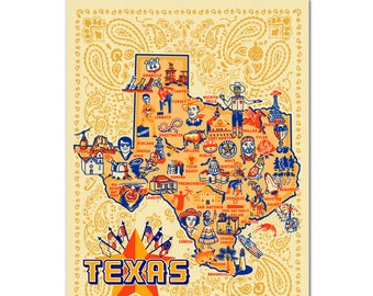 Texas Postcard, 6" x 4.25", Texas Icons Postcard, Vintage-style Texas Map Postcard