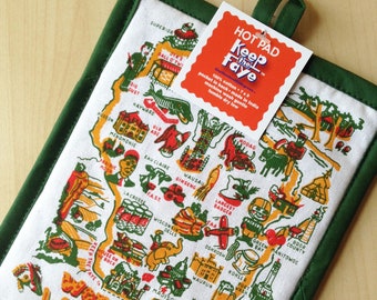 Wisconsin Hot Pad, Wonders of Wisconsin Pot Holder, WI Map Hot Pad, cotton with pocket