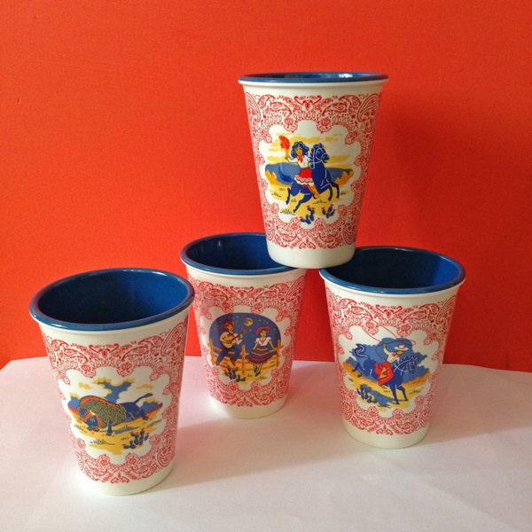 Western Cups, Set of 4 - 12 oz Melamine Cups, Western Tumblers, Cowboy, Cowgirl, Buffalo, Serenade