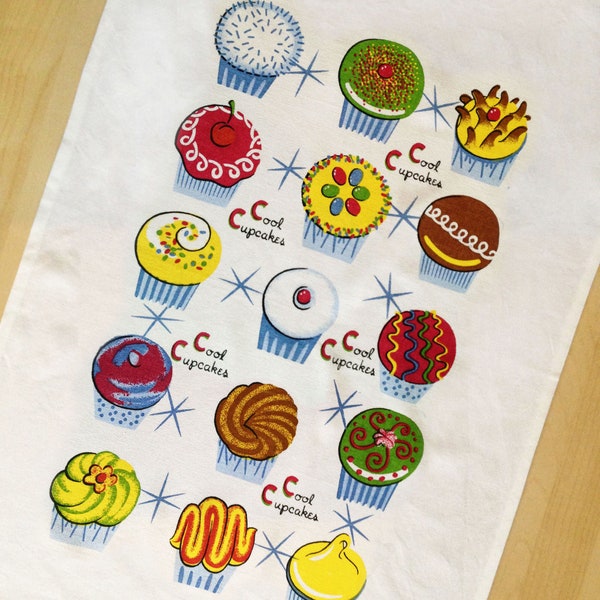 Cool Cupcakes Dish Towel, 18" by 26", Cupcakes Tea Towel, 100% Cotton Retro Cupcake Dish Towel