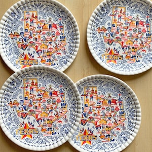 Assiettes Carte Texas, assiettes en mélamine 9 pouces - Lot de 4, assiettes plates TX Icons Map