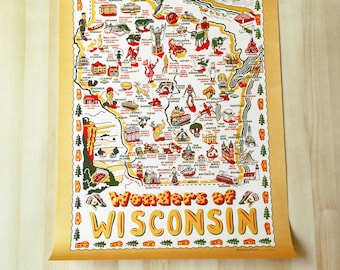 Wisconsin Poster, Wonders of Wisconsin Map Poster, WI Map Print, 19" by 27"