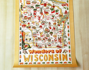 Wisconsin Poster, Wonders of Wisconsin Map Poster, WI Map Print, 19" by 27"