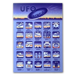 UFO Postcard, 6&quot; x 4.25&quot;, Aliens Postcard, UFO Bingo Postcard, Flying Saucer Postcard