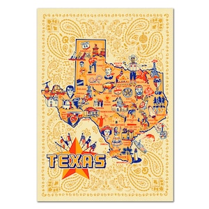May include: A vintage-style map of Texas, featuring illustrations of landmarks and cities. The map is in the shape of the state, with a yellow and orange color scheme. The word "TEXAS" is prominently displayed with a star. The background has a paisley pattern.
