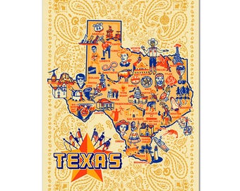 Texas Map Postcard: Texas Icons Art, 6x4.25"