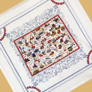 Colorado Map Tablecloth: Cotton, State Icons with Border, 52x52"