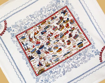 Colorado Map Tablecloth: Cotton, State Icons with Border, 52x52"