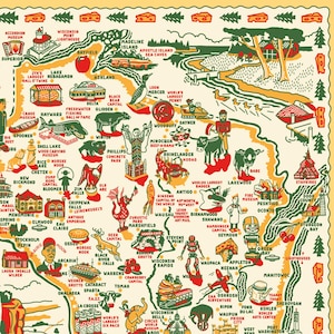 May include: A colorful map of Wisconsin, featuring illustrations of local attractions and landmarks. The map includes text labels for cities, museums, and points of interest, with a decorative border.