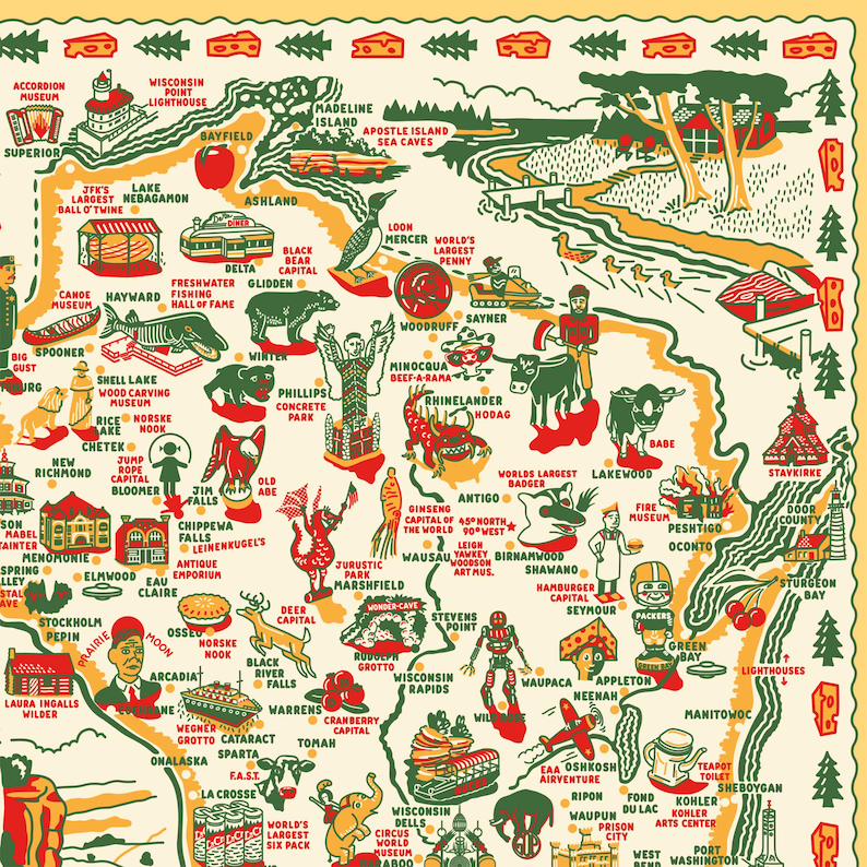 May include: A colorful map of Wisconsin, featuring illustrations of local attractions and landmarks. The map includes text labels for cities, museums, and points of interest, with a decorative border.