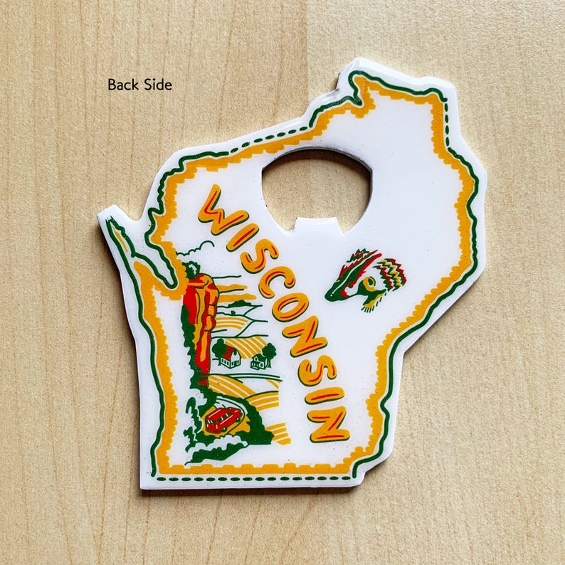 Wisconsin Bottle Opener, WI Enameled Metal Bottle Opener, Packaged, 3.75 by 3.875, Wisconsin Map Opener image 2