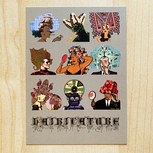 May include: A gray art print featuring nine whimsical illustrations of people with elaborate hairstyles. The hairstyles are designed with various themes, including a ship, a dragon, and a robot. The word "HAIRICATURE" is printed at the bottom.