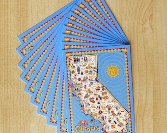California Postcard, Set of 10, 6" x 4.25", California Map Postcard, Set of 10