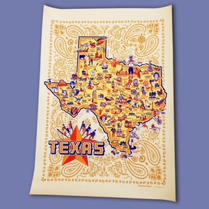 Texas Poster, Texas Map, TX Print Poster, Texas Pictorial Map