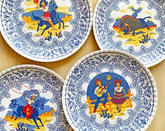 Western Plates, Set of 4, 9&quot; melamine Cowboy, Cowgirl, Buffalo and Serenade Plates, one of each.