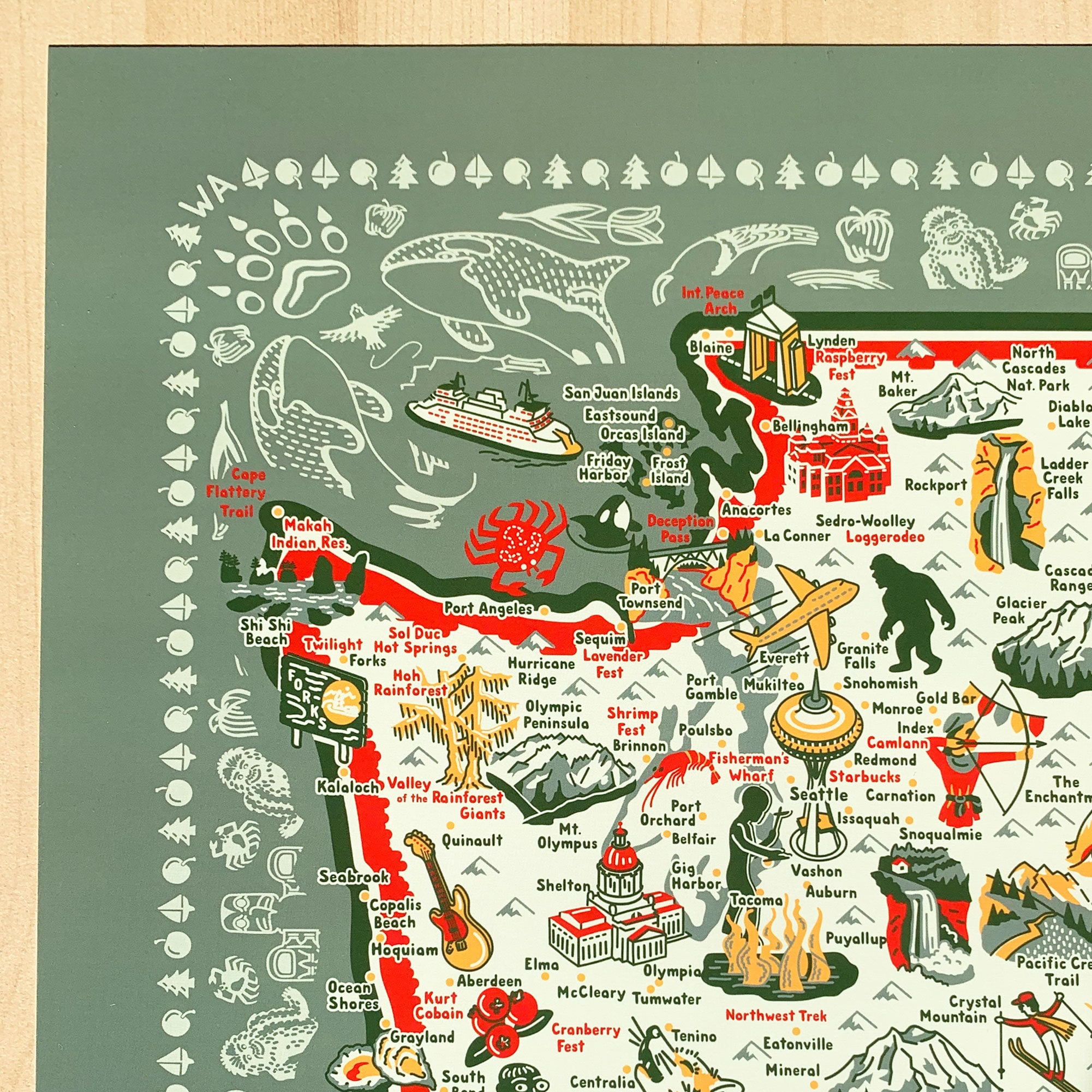 Washington State Map Art Print, Illustrated Landmarks, 16x20" - Etsy