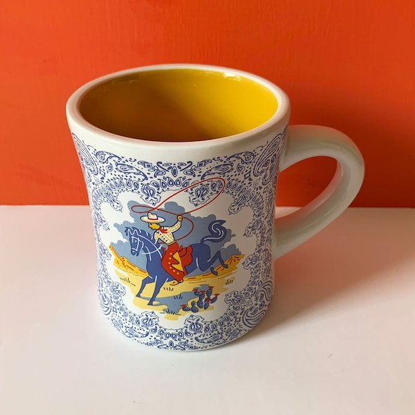 Cowboy Diner Mug: Stoneware Western Coffee Cup, Bandana Border, 12 oz