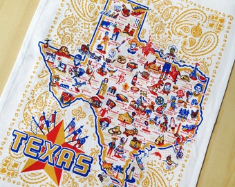 Texas Tea Towel, Texas Map Dish Towel, TX Star and Six Flags Cotton Kitchen Towel