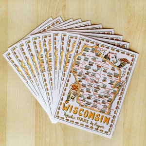 Wisconsin Postcards - set of 10, 6&quot; x 4.25&quot;, Bars of Wisconsin Postcards (Cookie Bars), Wisconsin Map Postcards
