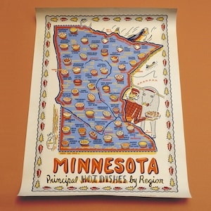 Affiche du Minnesota, carte des plats chauds du Minnesota, plat chaud principal du Minnesota par région