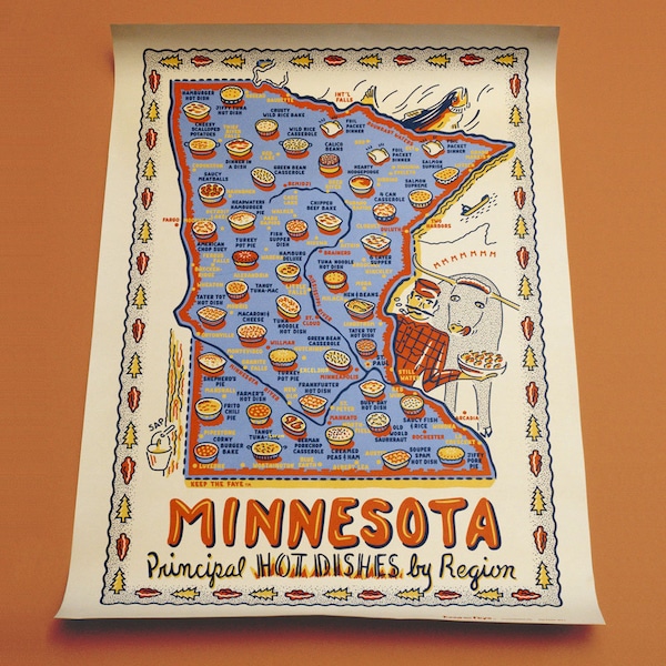 Minnesota Poster, Minnesota Hot Dish Map, MN Map Poster, Minnesota Principal Hot Dish by Region