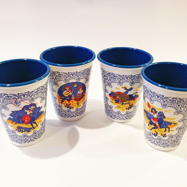 Texas Cup Set of 4, Texas Tumblers, 12 oz Melamine Cups, Cowboy, Cowgirl, Buffalo, Serenade