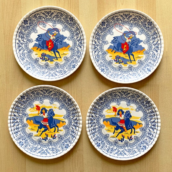 Cowboy / Cowgirl Plates, 7.5", Set of 4, Melamine Plates, Cowboy and Cowgirl - two each