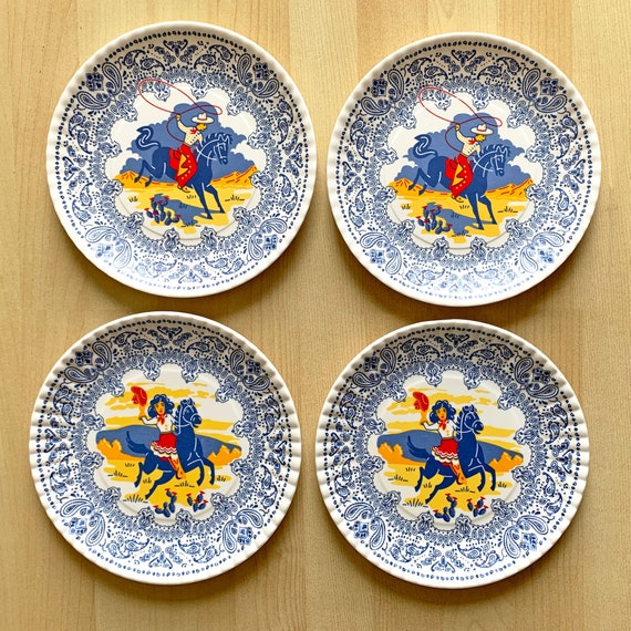 Cowboy / Cowgirl Plates, 7.5", Set of 4, Melamine Plates, Cowboy and Cowgirl - two each