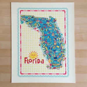 Print Florida, 16 x 20 inch, kaart Florida, picturale kaart Florida