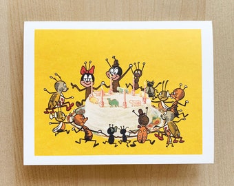 Birthday Cake Card, A2, 4.25" x 5.5" Cute Bugs and Cake Birthday Card with Yellow Envelope