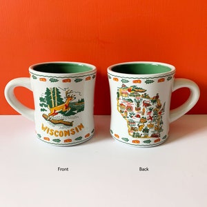 ウィスコンシン州のダイナーマグ：州地図と鹿のコーヒーマグ、12オンス