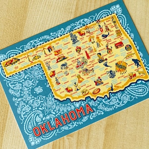 Oklahoma Map Postcard: State Icons Road Trip Art, 4.25x6&quot;