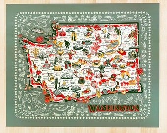 May include: A vintage-style illustrated map of Washington state with a green border and a white background. The map features various landmarks, cities, and natural features, including Mount Rainier, the Columbia River, and the Olympic Mountains. The map is titled "Washington" in red letters.