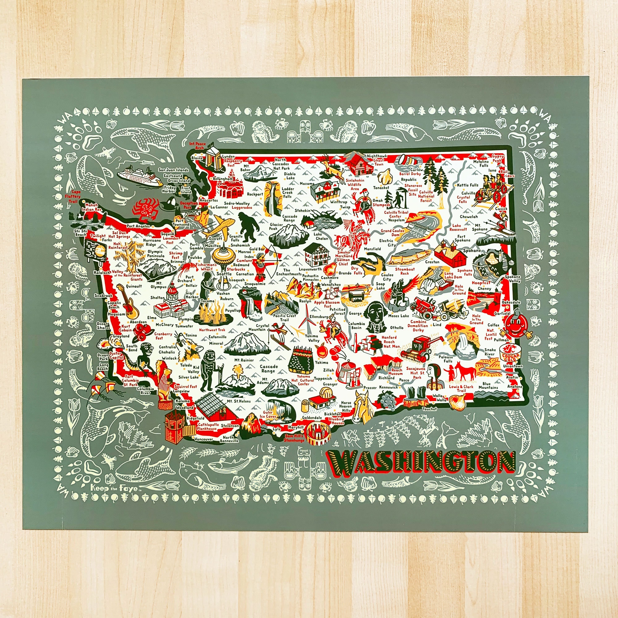 Washington State Map Art Print, Illustrated Landmarks, 16x20" - Etsy