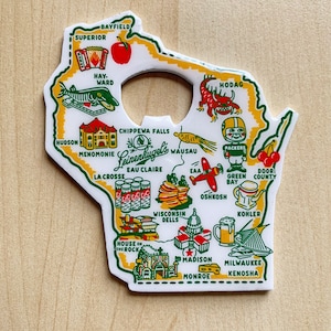 Wisconsin Bottle Opener, WI Enameled Metal Bottle Opener, Packaged, 3.75 by 3.875, Wisconsin Map Opener image 1