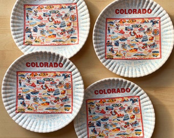 Colorado Map Plates: Set of 4 Melamine Plates, State Icons Dinnerware, 9"