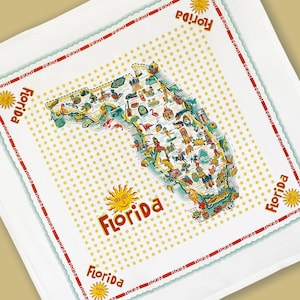 May include: White square bandana featuring a colorful map of Florida with illustrations of landmarks and icons. The word "Florida" is printed in red with a sun graphic. A dotted pattern and border with the word "Florida" repeats around the edge.