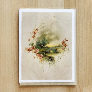 Carte de condoléances, A2, 4,25 x 5,5 po. x 5,5 po., scène pastorale, carte de condoléances avec enveloppe teintée