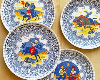 Western Plates, 7.5&quot;, Set of 4, Melamine Plates, Cowboy, Cowgirl, Serenade and Buffalo